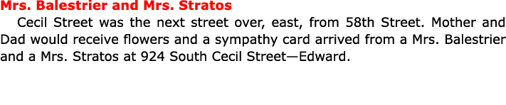 Mrs. Balestrier and ﻿Mrs. Stratos Cecil Street was the next street over, east, from 58th Street. Mother and Dad would...