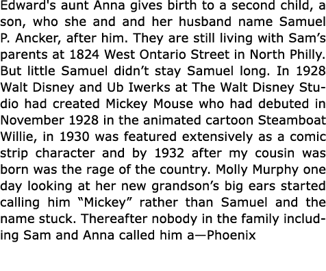 Edward's aunt Anna gives birth to a second child, a son, who she and and her husband name ﻿Samuel P. Ancker, after hi...