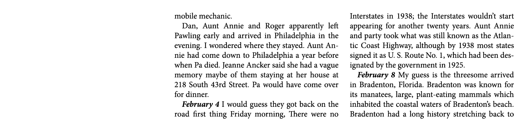 mobile mechanic. Dan, Aunt Annie and Roger apparently left ﻿Pawling early and arrived in Philadelphia in the evening....