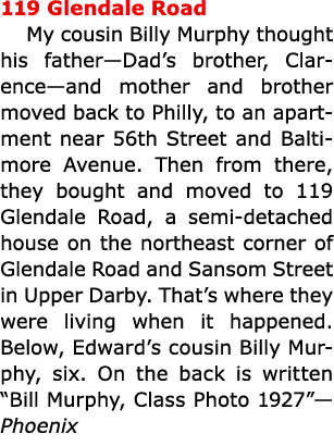 119 ﻿﻿Glendale Road My cousin Billy Murphy thought his father—Dad’s brother, Clarence—and mother and brother moved ba...