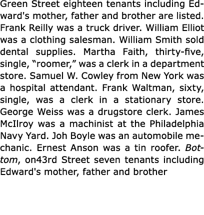 Green Street eighteen tenants including Edward's mother, father and brother are listed. Frank Reilly was a truck driv...