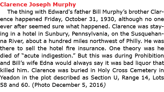 Clarence Joseph Murphy The thing with Edward's father Bill Murphy’s brother Clarence happened Friday, October 31, 19...