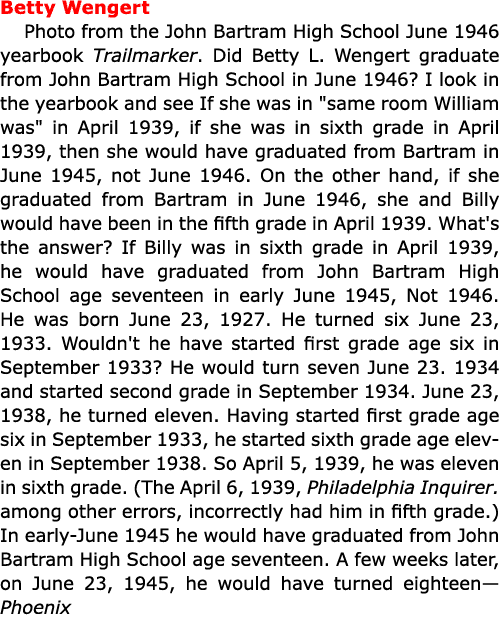 Betty Wengert Photo from the ﻿﻿John Bartram High School June 1946 yearbook Trailmarker. Did Betty L. Wengert graduate...