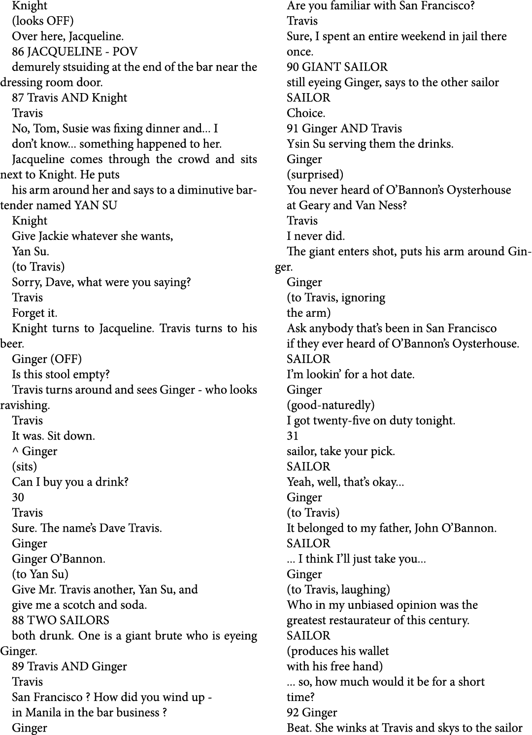 Knight (looks OFF) Over here, Jacqueline. 86 JACQUELINE POV demurely stsuiding at the end of the bar near the dressin...