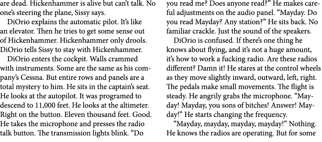 are dead. Hickenhammer is alive but can’t talk. No one’s steering the plane, Sissy says. DiOrio explains the automati...