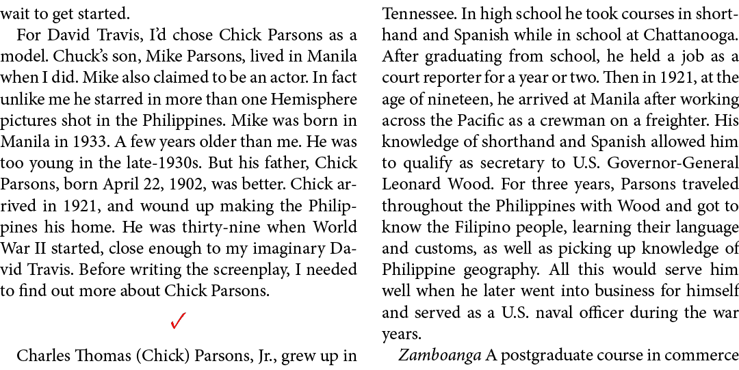 wait to get started. For David Travis, I’d chose Chick Parsons as a model. Chuck’s son, Mike Parsons, lived in ﻿Manil...