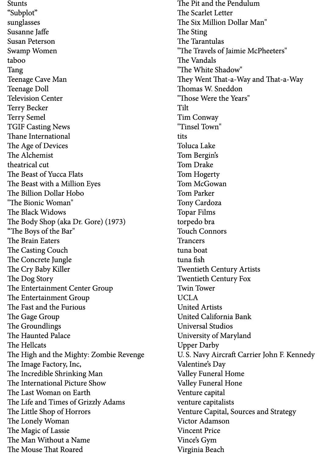 Stunts “Subplot” sunglasses Susanne Jaffe Susan Peterson Swamp Women taboo Tang Teenage Cave Man Teenage Doll Televis...