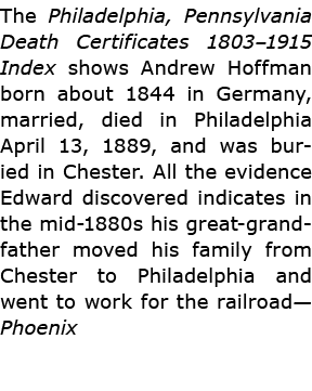 The ﻿Philadelphia, Pennsylvania Death Certificates 1803–1915 Index shows ﻿Andrew Hoffman born about 1844 in ﻿Germany,...