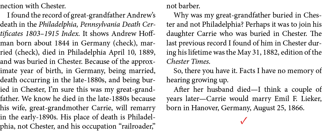 nection with ﻿Chester. I found the record of great grandfather Andrew’s death in the ﻿Philadelphia, Pennsylvania Deat...