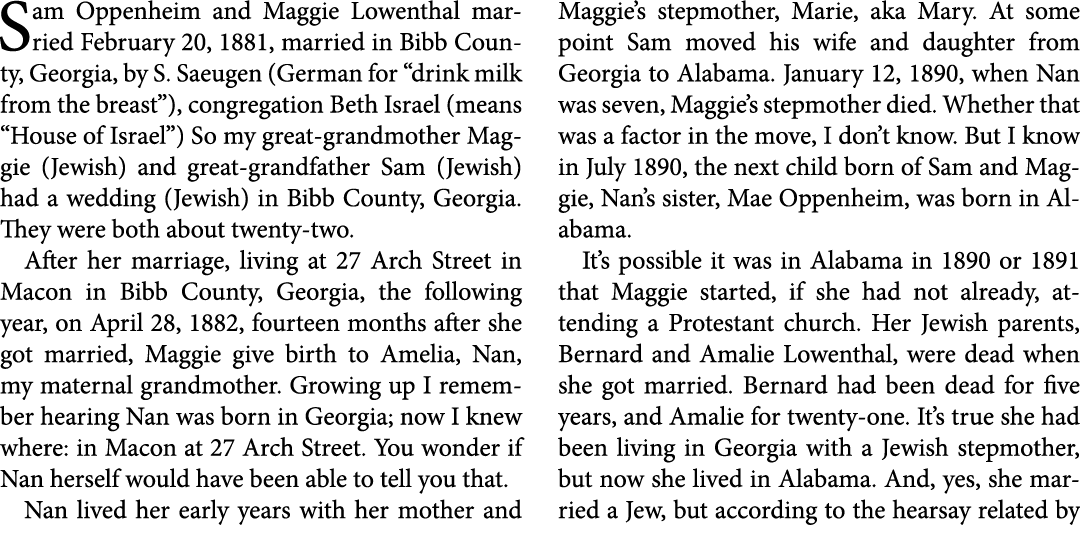 Sam Oppenheim and ﻿Maggie Lowenthal married February 20, 1881, married in ﻿Bibb County, ﻿Georgia, by S. Saeugen (Ger...