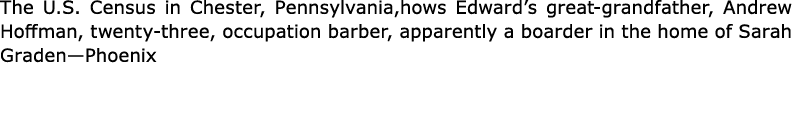 The U.S. Census in ﻿Chester, Pennsylvania,hows Edward’s great grandfather, ﻿Andrew Hoffman, twenty three, occupation ...