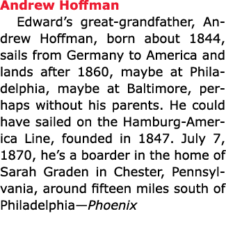Andrew Hoffman Edward’s great grandfather, Andrew Hoffman, born about 1844, sails from ﻿﻿Germany to ﻿America and land...