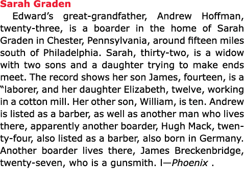 Sarah Graden Edward’s great grandfather, Andrew Hoffman, twenty three, is a boarder in the home of ﻿Sarah Graden in ...