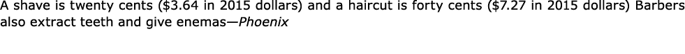 A shave is twenty cents ($3.64 in 2015 dollars) and a haircut is forty cents ($7.27 in 2015 dollars) Barbers also ext...