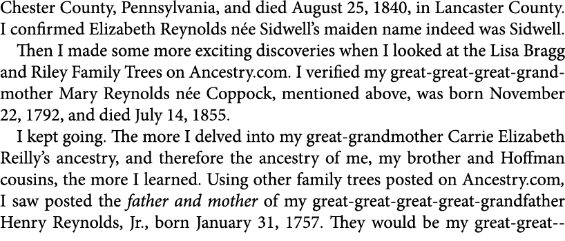 Chester County, Pennsylvania, and died August 25, 1840, in Lancaster County. I confirmed Elizabeth Reynolds n e Sidw...