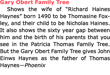 Gary Obert Family Tree Shows the wife of “﻿Richard Haines Haynes” born 1490 to be Thomasine Foxley, and their child ...