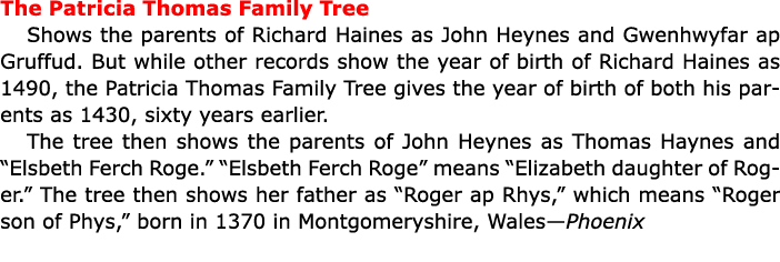 The ﻿Patricia Thomas Family Tree Shows the parents of ﻿Richard Haines as John Heynes and Gwenhwyfar ap Gruffud. But w...
