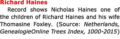 Richard Haines Record shows Nicholas Haines one of the children of ﻿Richard Haines and his wife Thomasine Foxley. (S...