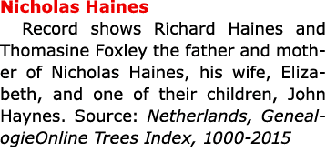 Nicholas Haines Record shows ﻿Richard Haines and Thomasine Foxley the father and mother of Nicholas Haines, his wife,...