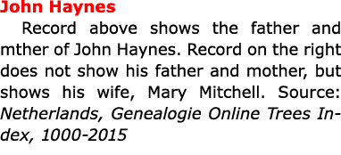 ﻿John Haynes Record above shows the father and mther of ﻿﻿John Haynes. Record on the right does not show his father ...