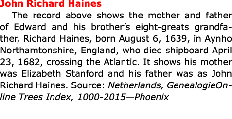 John ﻿Richard Haines The record above shows the mother and father of Edward and his brother’s eight greats grandfathe...