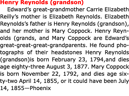 Henry Reynolds (grandson) Edward’s great grandmother ﻿﻿﻿Carrie Elizabeth Reilly’s mother is ﻿Elizabeth Reynolds. Eli...