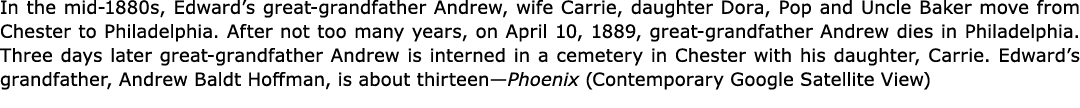 In the mid 1880s, Edward’s great grandfather Andrew, wife Carrie, daughter Dora, Pop and Uncle Baker move from Cheste...