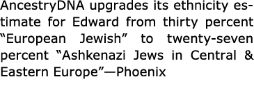 AncestryDNA upgrades its ﻿ethnicity estimate for Edward from thirty percent “European ﻿Jewish” to twenty seven percen...