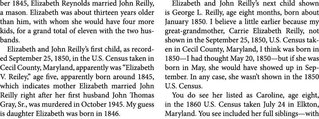 ber 1845, ﻿Elizabeth Reynolds married ﻿John Reilly, a mason. Elizabeth was about thirteen years older than him, with ...