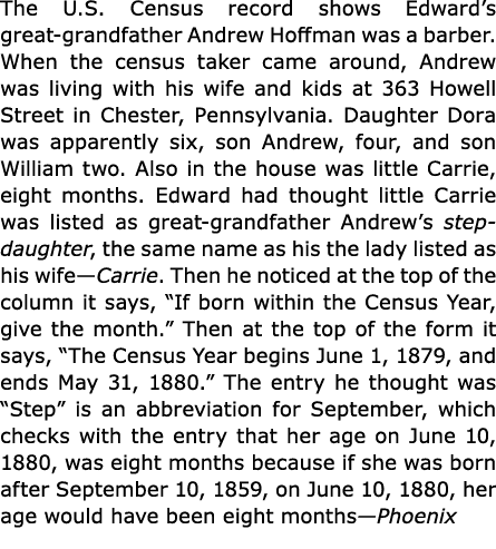 The U.S. Census record shows Edward’s great grandfather ﻿Andrew Hoffman was a barber. When the census taker came arou...