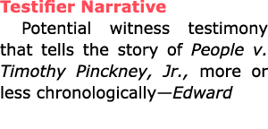 Testifier Narrative Potential witness testimony that tells the story of People v. ﻿Timothy Pinckney, Jr., more or les...