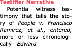 Testifier Narrative Potential witness testimony that tells the story of People v. ﻿﻿Francisco Ramirez, et al., entere...