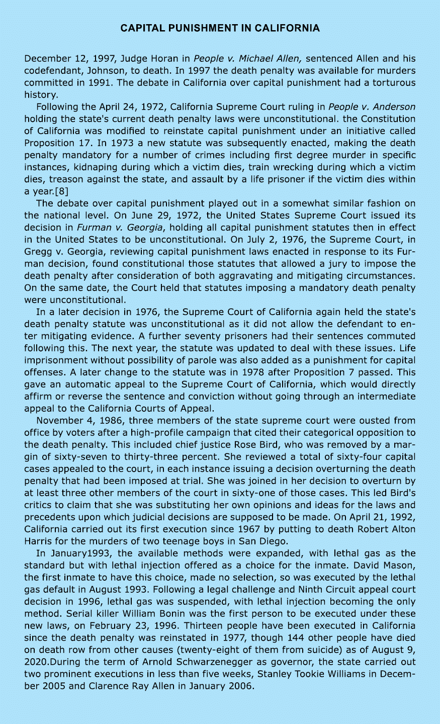 capital punishment in California December 12, 1997, Judge Horan in People v. Michael Allen, sentenced Allen and his c...