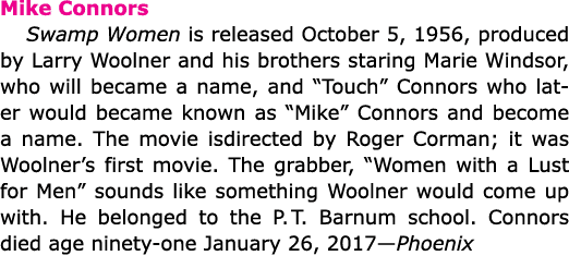 Mike Connors ﻿Swamp Women is released October 5, 1956, produced by ﻿Larry Woolner and his brothers staring ﻿Marie Wi...