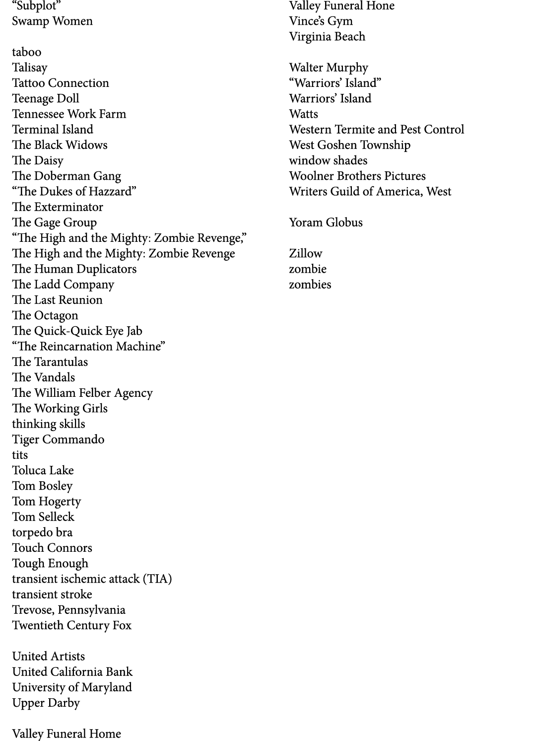 “Subplot” Swamp Women taboo Talisay Tattoo Connection Teenage Doll Tennessee Work Farm Terminal Island The Black Wido...