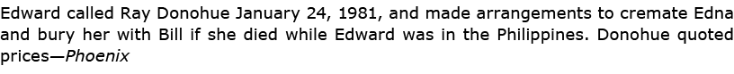 Edward called Ray Donohue January 24, 1981, and made arrangements to cremate Edna and bury her with ﻿Bill if she died...