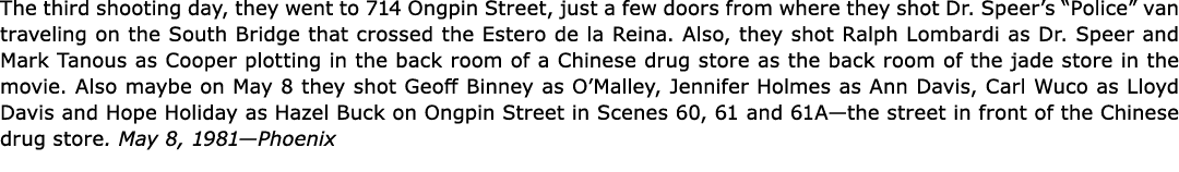 The third shooting day, they went to 714 Ongpin Street, just a few doors from where they shot ﻿Dr. Speer’s “Police” v...