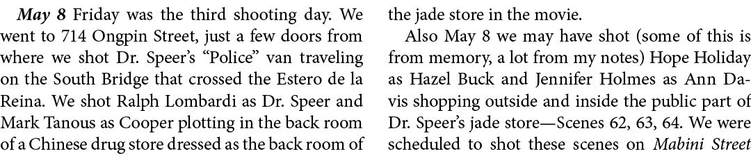 May 8 Friday was the third shooting day. We went to 714 Ongpin Street, just a few doors from where we shot ﻿Dr. Speer...