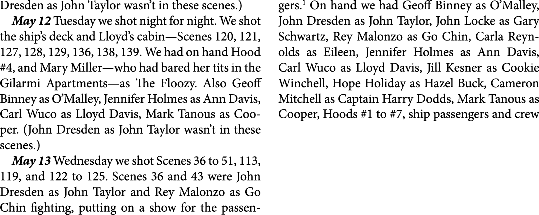 Dresden as ﻿John Taylor wasn’t in these scenes.) May 12 Tuesday we shot night for night. We shot the ship’s deck and ...