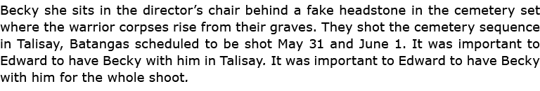 Becky she sits in the director’s chair behind a fake headstone in the cemetery set where the warrior corpses rise fro...