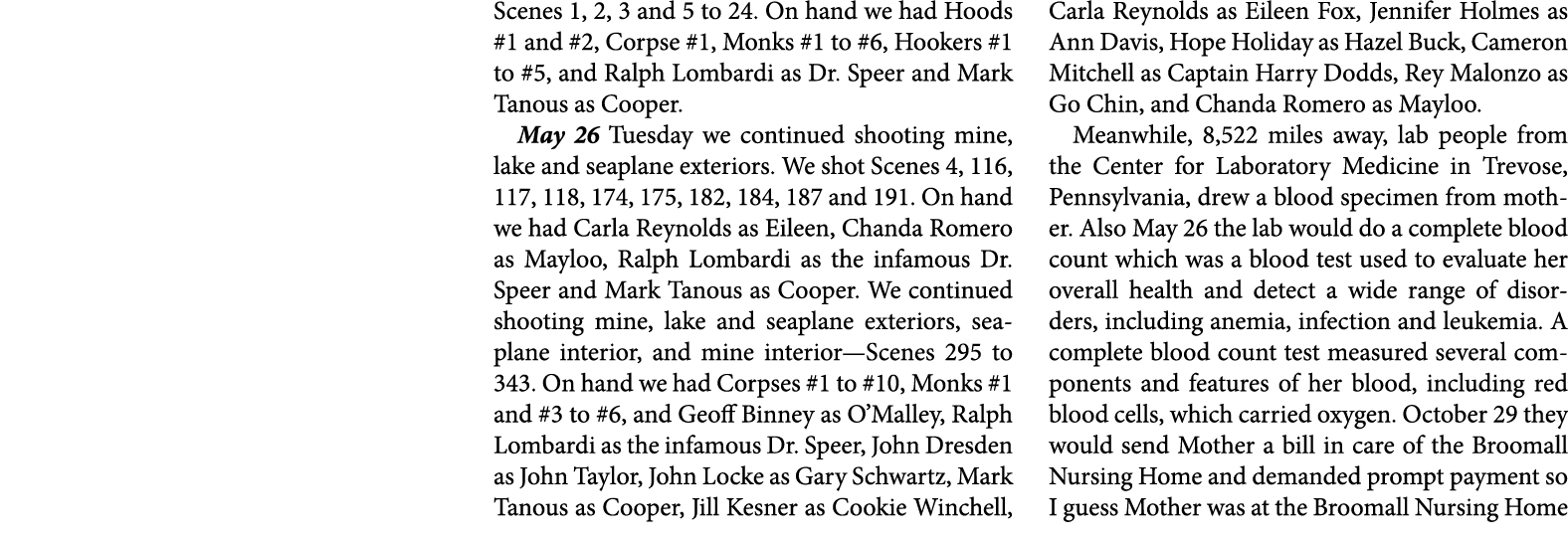 Scenes 1, 2, 3 and 5 to 24. On hand we had Hoods #1 and #2, Corpse #1, Monks #1 to #6, Hookers #1 to #5, and ﻿Ralph L...