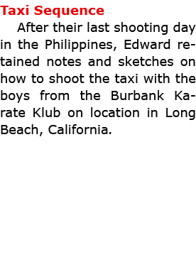 Taxi Sequence After their last shooting day in the ﻿Philippines, Edward retained notes and sketches on how to shoot t...