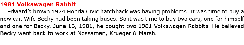 1981 Volkswagen Rabbit Edward’s brown 1974 Honda Civic hatchback was having problems. It was time to buy a new car. W...