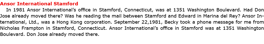 Ansor International Stamford In 1981 Ansor International’s office in ﻿Stamford, Connecticut, was at 1351 Washington B...