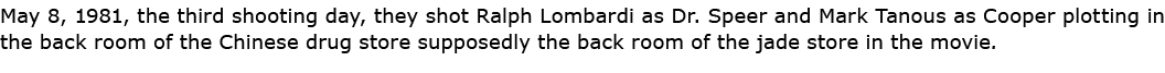 May 8, 1981, the third shooting day, they shot ﻿Ralph Lombardi as ﻿Dr. Speer and ﻿Mark Tanous as Cooper plotting in t...