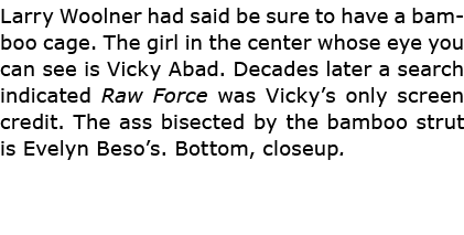 Larry Woolner had said be sure to have a bamboo cage. The girl in the center whose eye you can see is Vicky Abad. Dec...