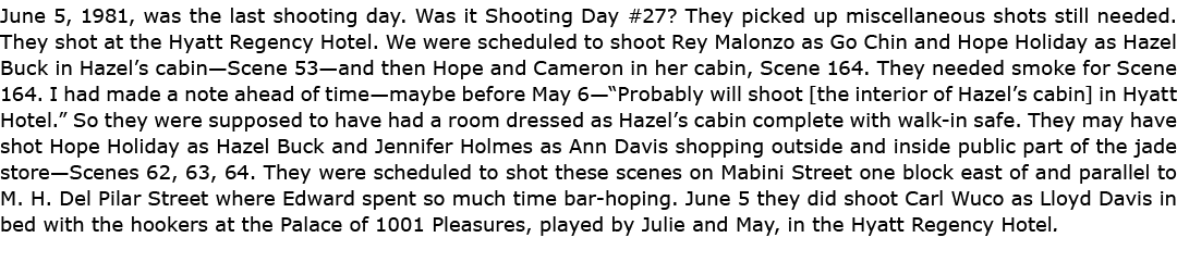 June 5, 1981, was the last shooting day. Was it Shooting Day #27? They picked up miscellaneous shots still needed. Th...
