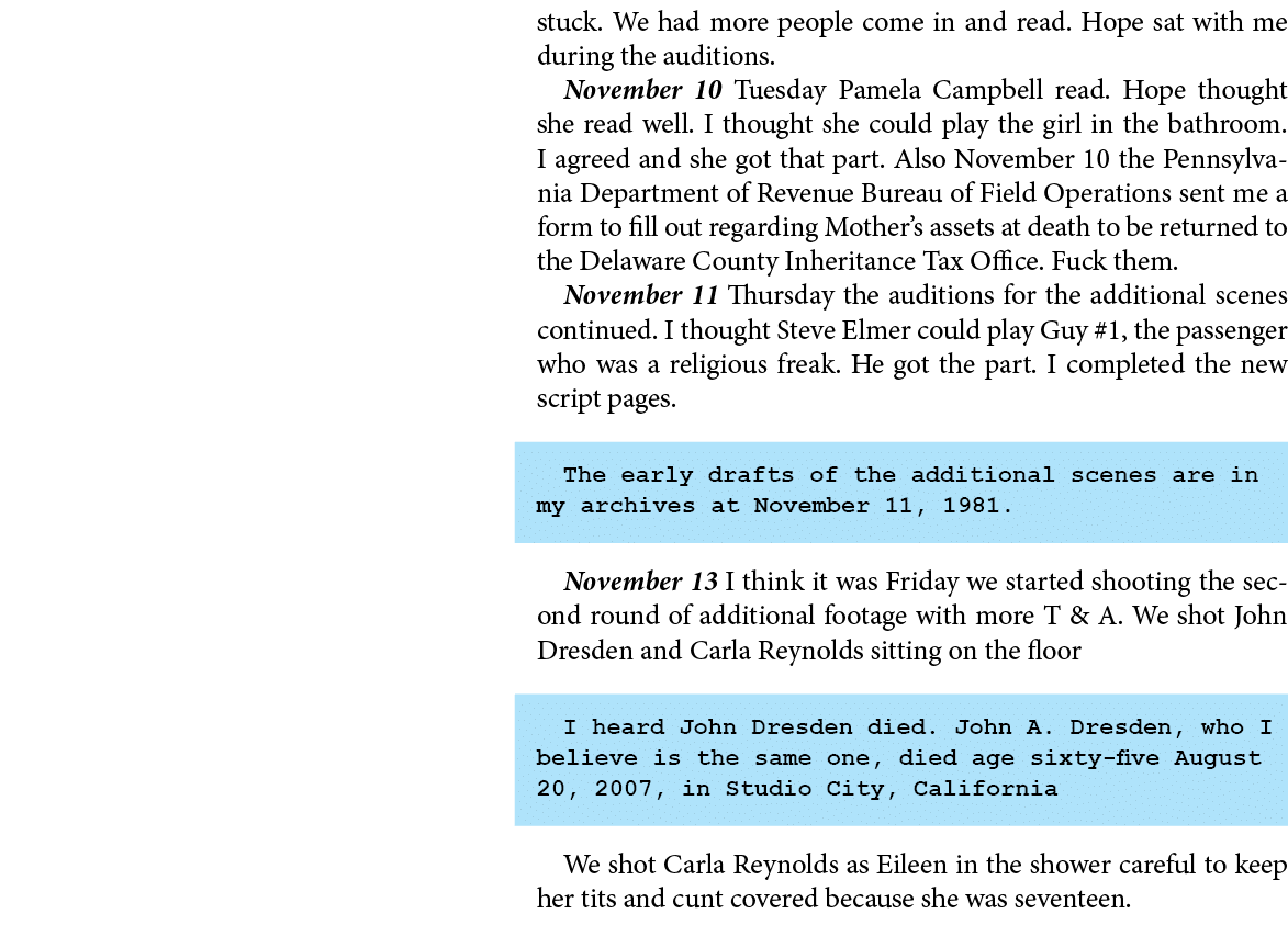 stuck. We had more people come in and read. Hope sat with me during the auditions. November 10 Tuesday Pamela Campbel...