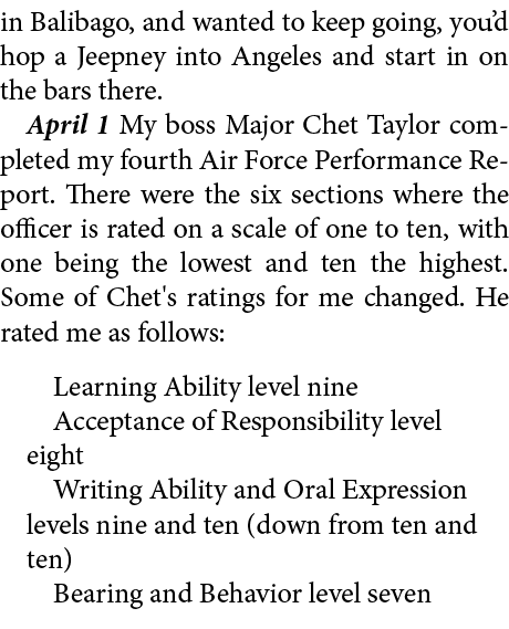 in Balibago, and wanted to keep going, you’d hop a Jeepney into Angeles and start in on the bars there. April 1 My bo...