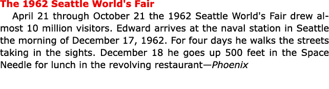The 1962 ﻿Seattle World's Fair April 21 through October 21 the 1962 ﻿Seattle World's Fair drew almost 10 million visi...
